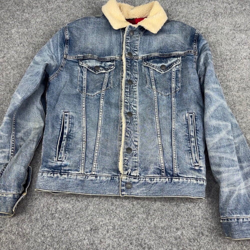 American Eagle Denim Trucker Jacket Mens Medium Blue Sherpa Lined Buffalo Plaid